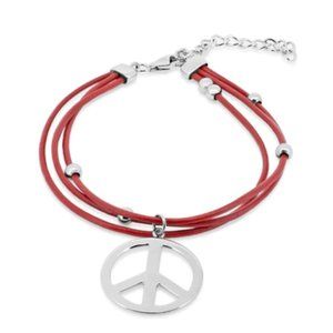 Silver 925 Rhodium Plated Peace Red Multi Strand Leather Adjustable Bracelet